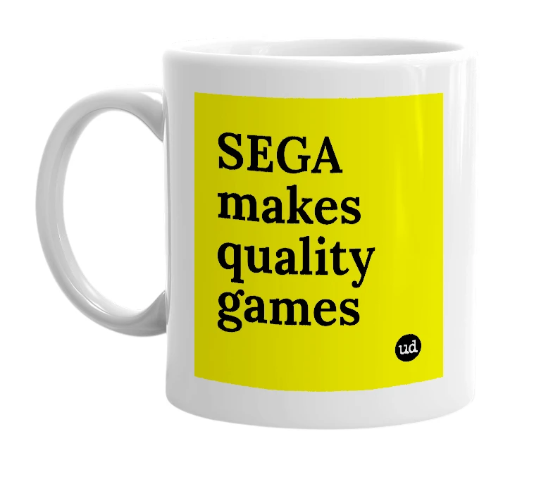 White mug with 'SEGA makes quality games' in bold black letters