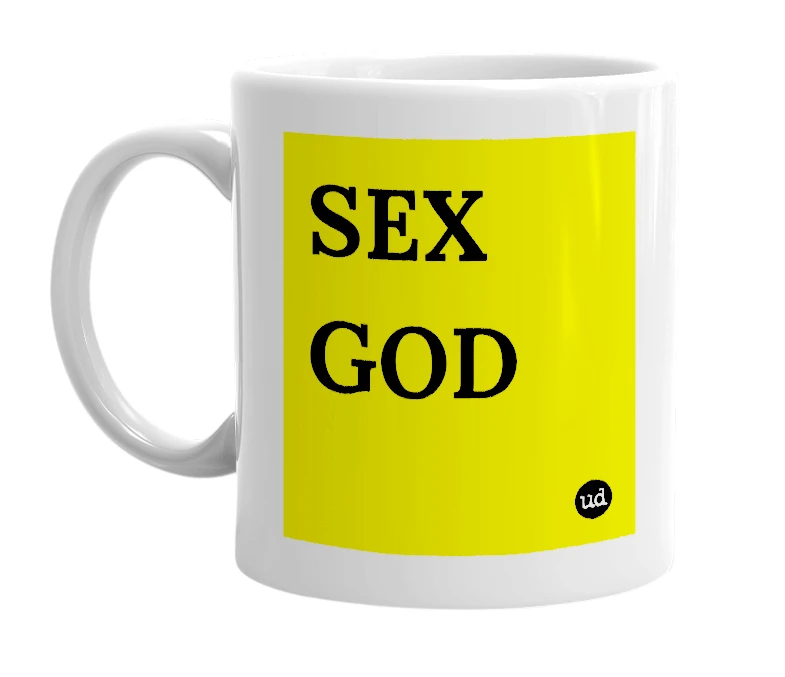 White mug with 'SEX GOD' in bold black letters