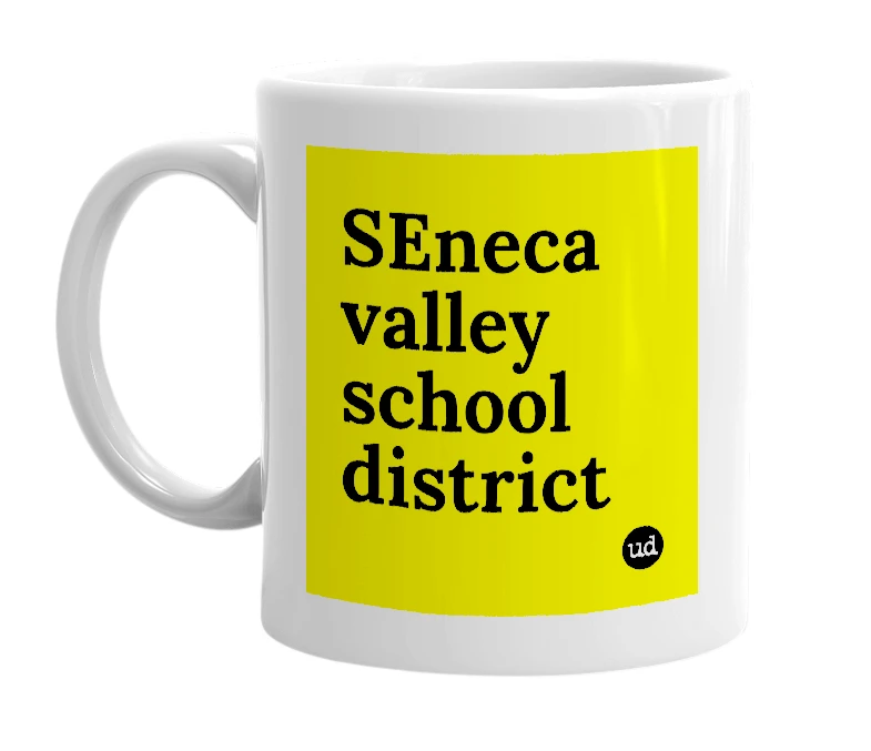 White mug with 'SEneca valley school district' in bold black letters