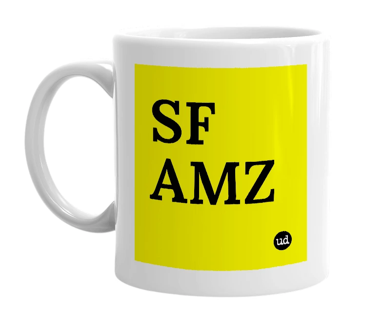 White mug with 'SF AMZ' in bold black letters