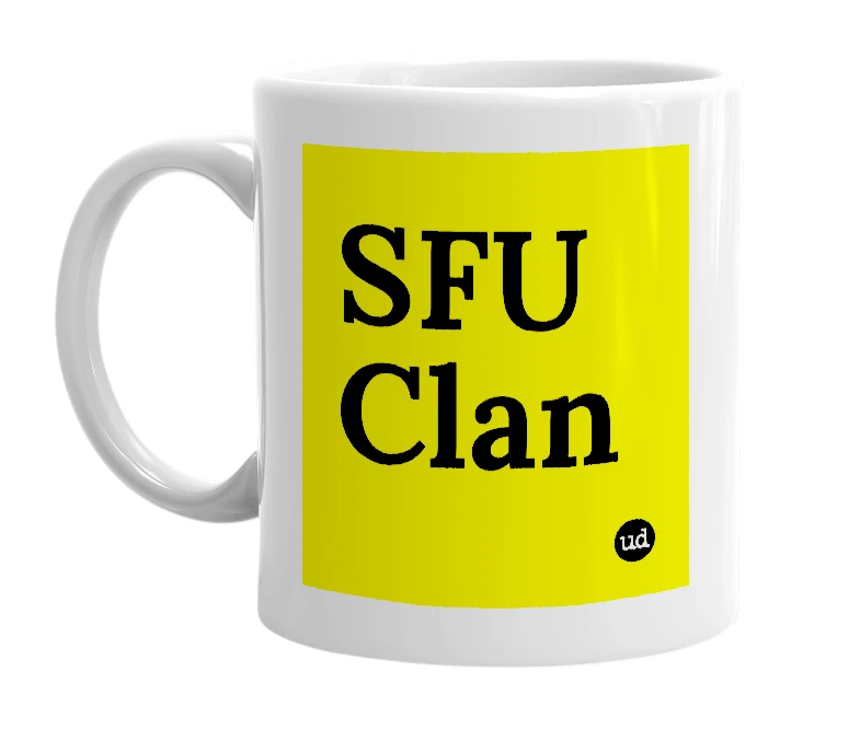 White mug with 'SFU Clan' in bold black letters