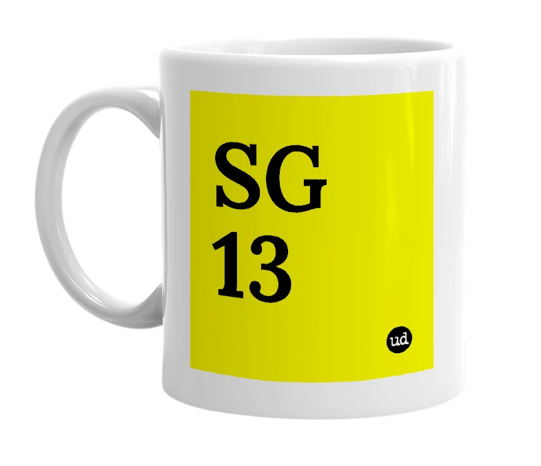 White mug with 'SG 13' in bold black letters