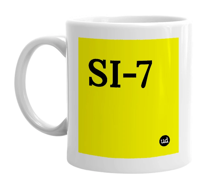 White mug with 'SI-7' in bold black letters