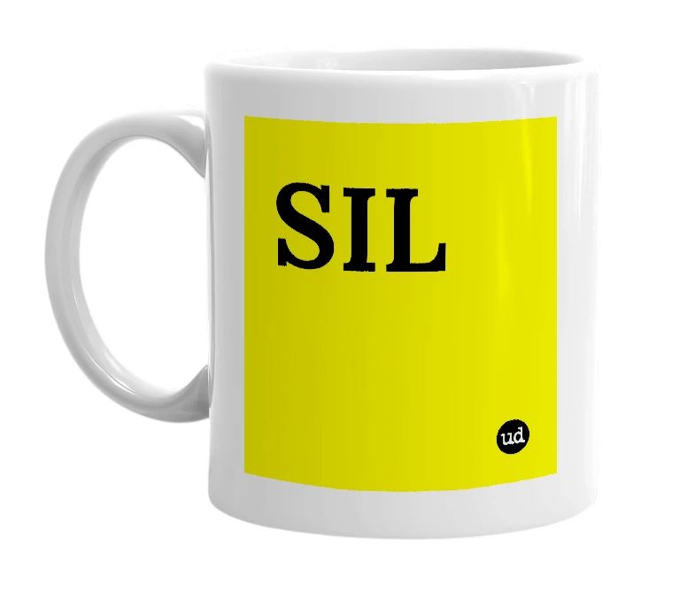 White mug with 'SIL' in bold black letters