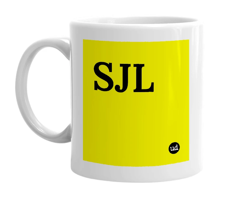 White mug with 'SJL' in bold black letters