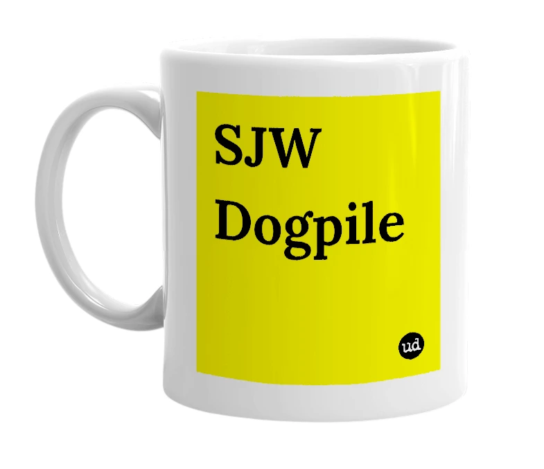 White mug with 'SJW Dogpile' in bold black letters