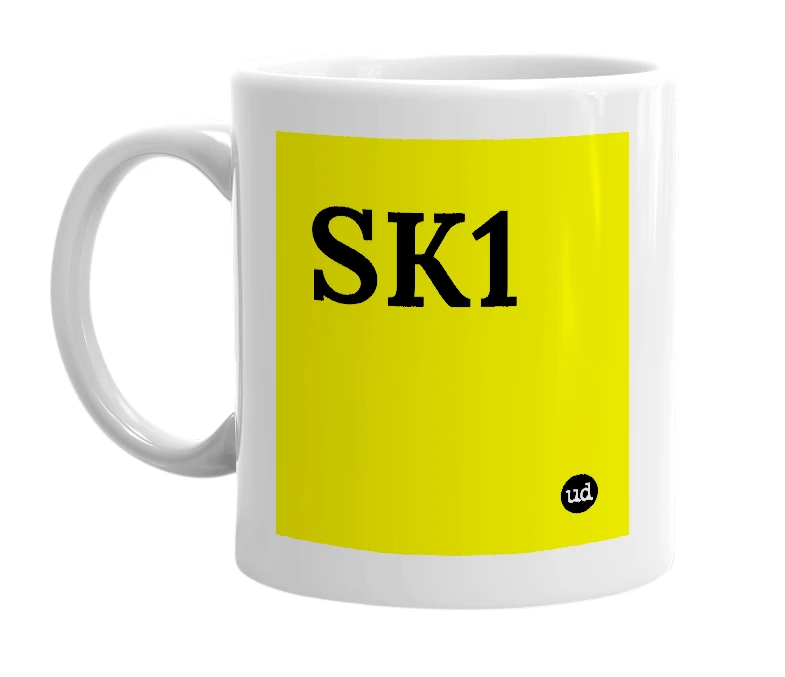 White mug with 'SK1' in bold black letters