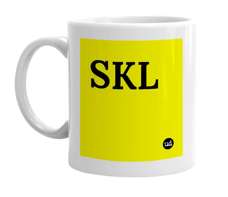 White mug with 'SKL' in bold black letters