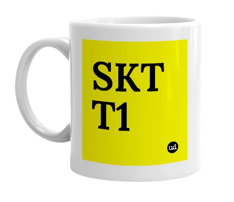 White mug with 'SKT T1' in bold black letters