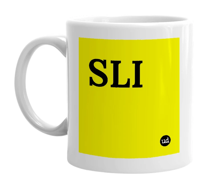 White mug with 'SLI' in bold black letters