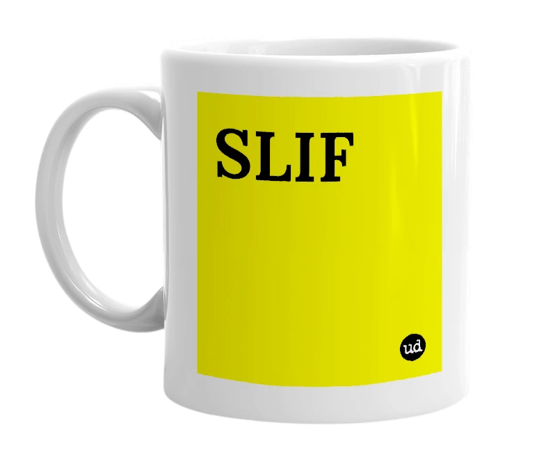 White mug with 'SLIF' in bold black letters