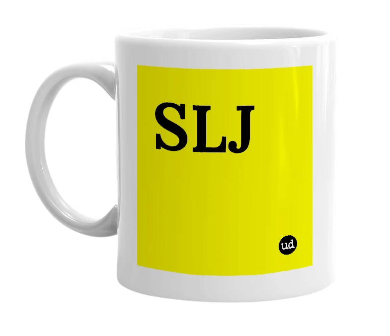 White mug with 'SLJ' in bold black letters