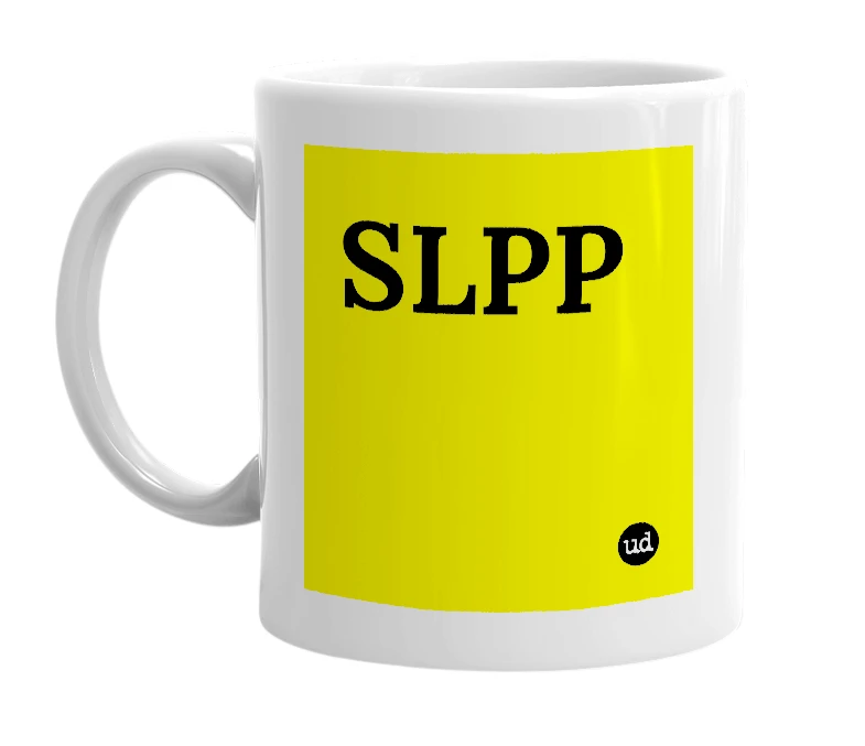 White mug with 'SLPP' in bold black letters