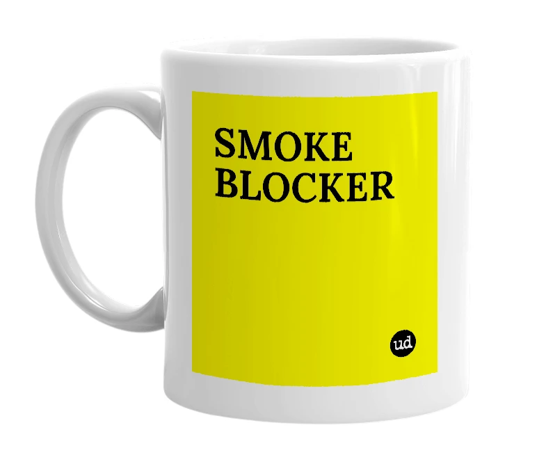 White mug with 'SMOKE BLOCKER' in bold black letters