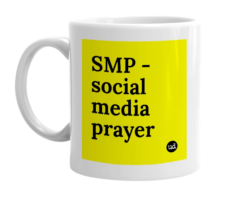 White mug with 'SMP - social media prayer' in bold black letters