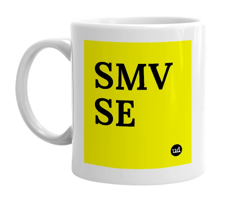 White mug with 'SMV SE' in bold black letters