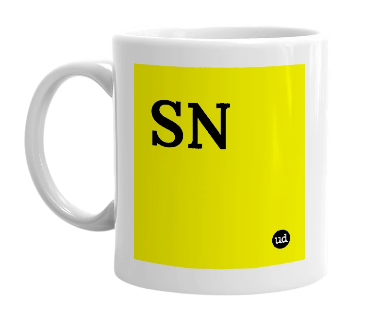 White mug with 'SN' in bold black letters