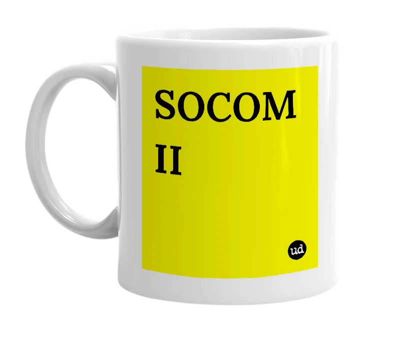 White mug with 'SOCOM II' in bold black letters