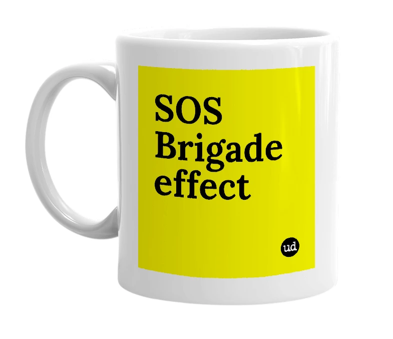 White mug with 'SOS Brigade effect' in bold black letters
