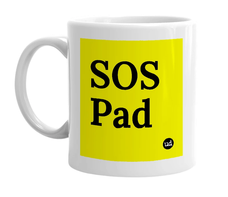 White mug with 'SOS Pad' in bold black letters