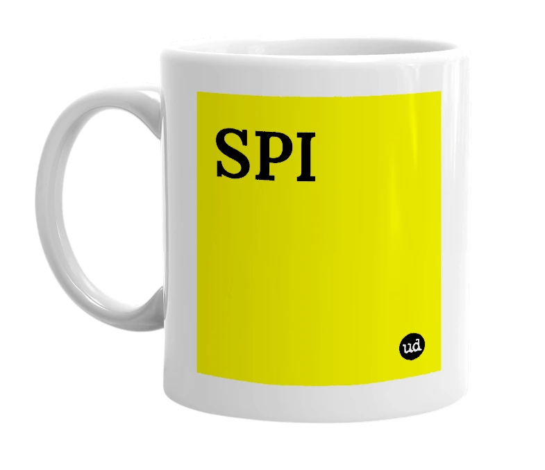 White mug with 'SPI' in bold black letters
