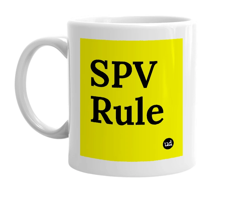 White mug with 'SPV Rule' in bold black letters