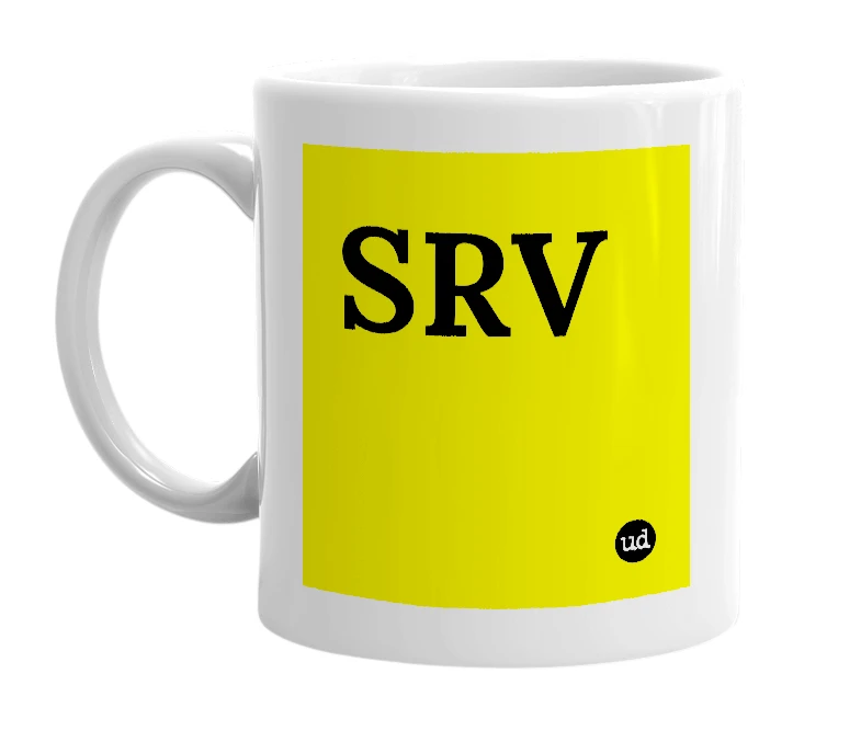 White mug with 'SRV' in bold black letters
