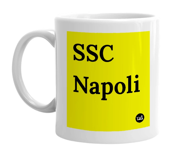 White mug with 'SSC Napoli' in bold black letters