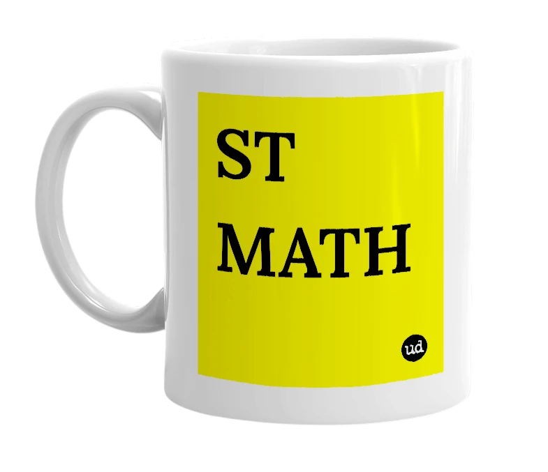 White mug with 'ST MATH' in bold black letters