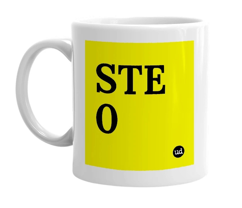 White mug with 'STE 0' in bold black letters