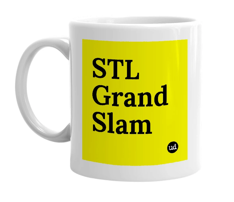 White mug with 'STL Grand Slam' in bold black letters