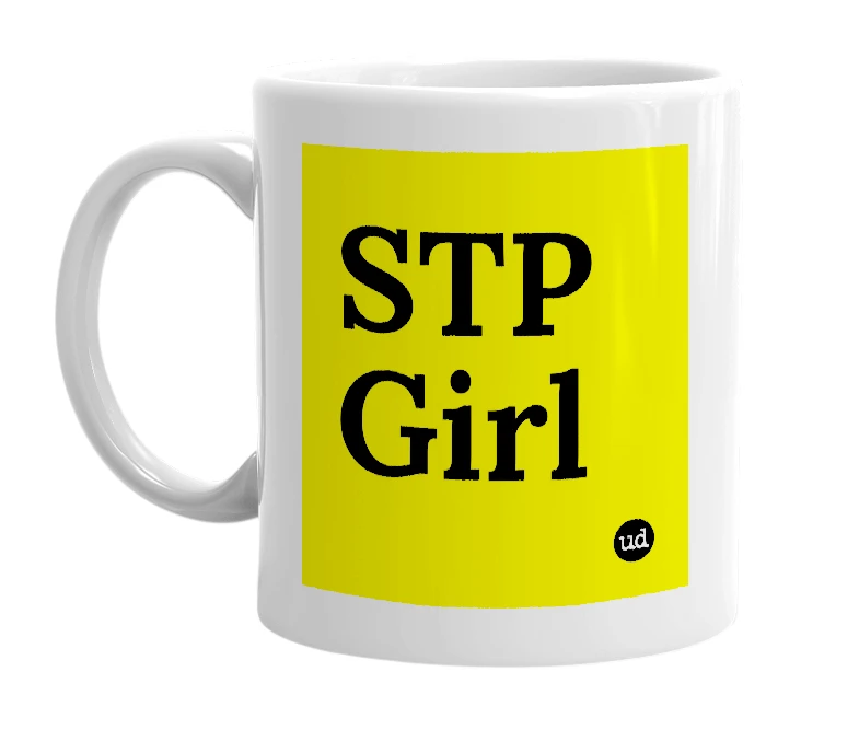 White mug with 'STP Girl' in bold black letters