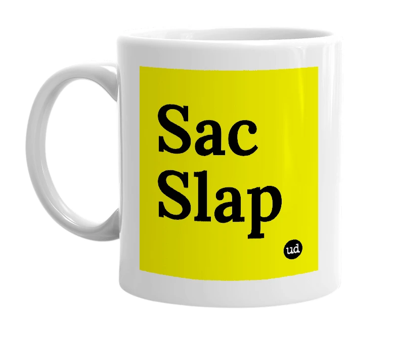 White mug with 'Sac Slap' in bold black letters