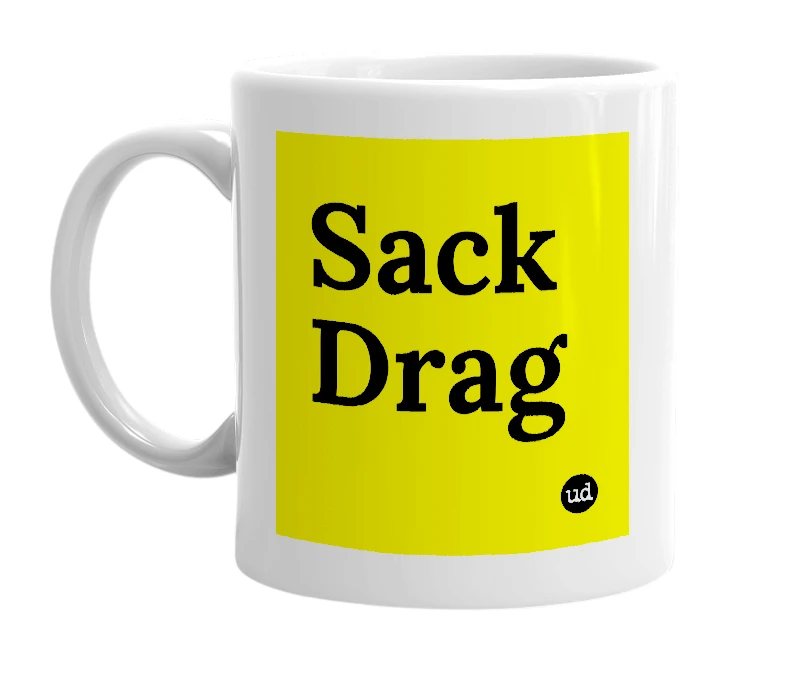 White mug with 'Sack Drag' in bold black letters