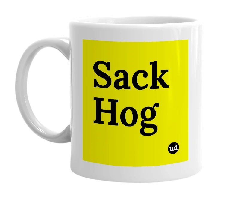 White mug with 'Sack Hog' in bold black letters
