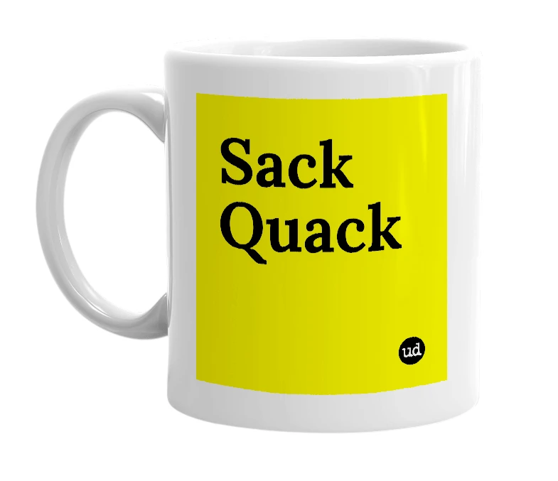 White mug with 'Sack Quack' in bold black letters