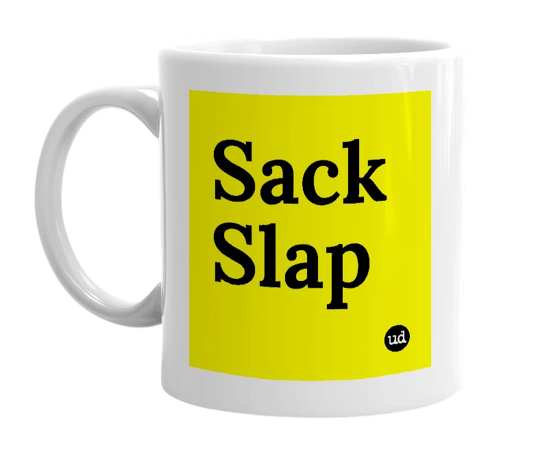 White mug with 'Sack Slap' in bold black letters