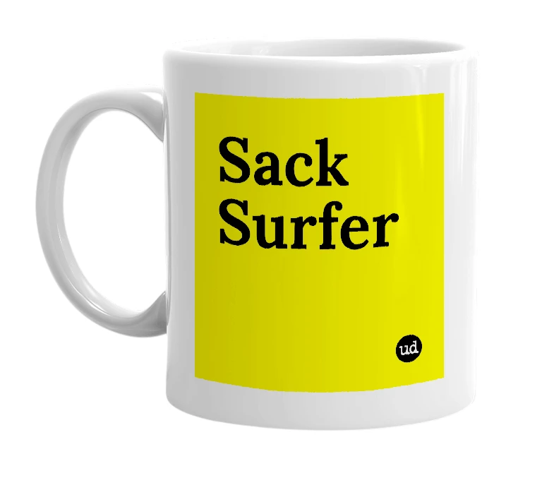 White mug with 'Sack Surfer' in bold black letters