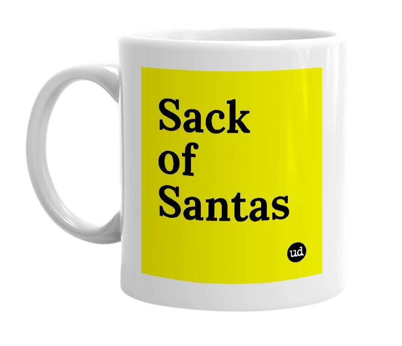 White mug with 'Sack of Santas' in bold black letters