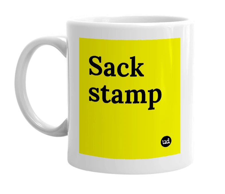 White mug with 'Sack stamp' in bold black letters