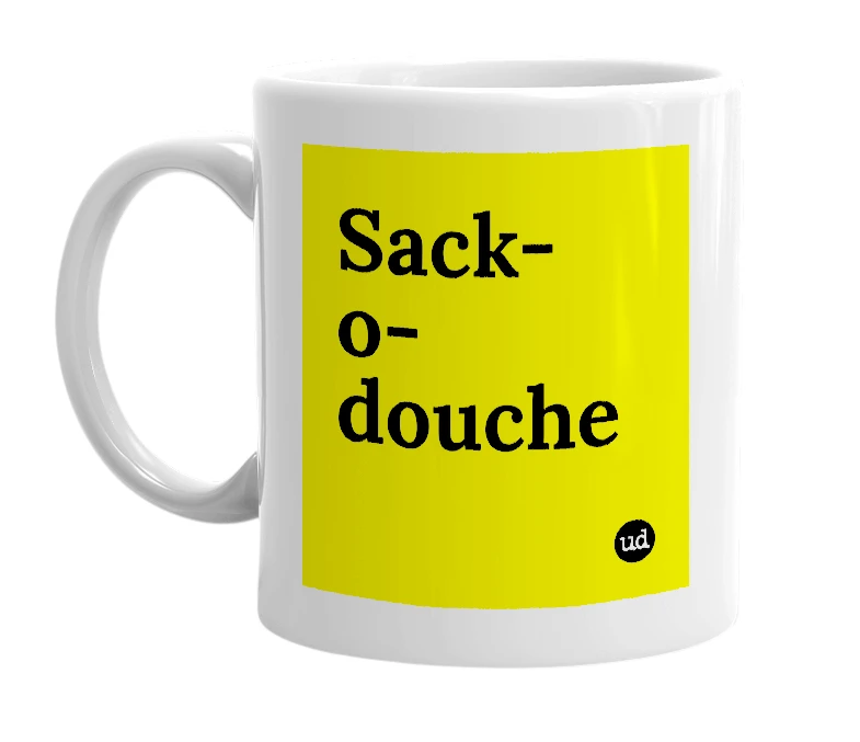 White mug with 'Sack-o-douche' in bold black letters