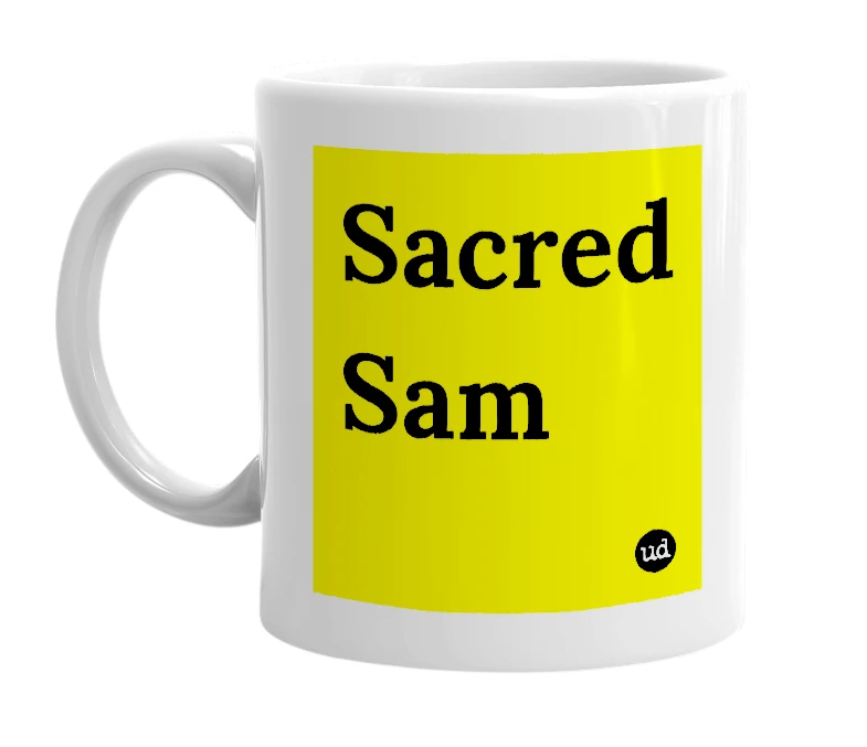 White mug with 'Sacred Sam' in bold black letters