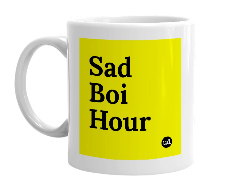 White mug with 'Sad Boi Hour' in bold black letters