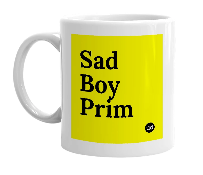 White mug with 'Sad Boy Prim' in bold black letters