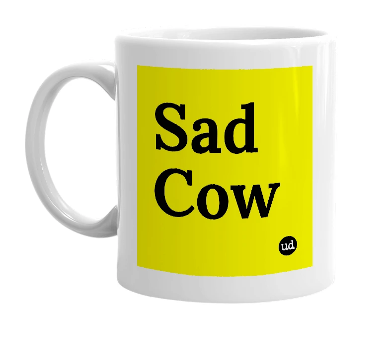 White mug with 'Sad Cow' in bold black letters