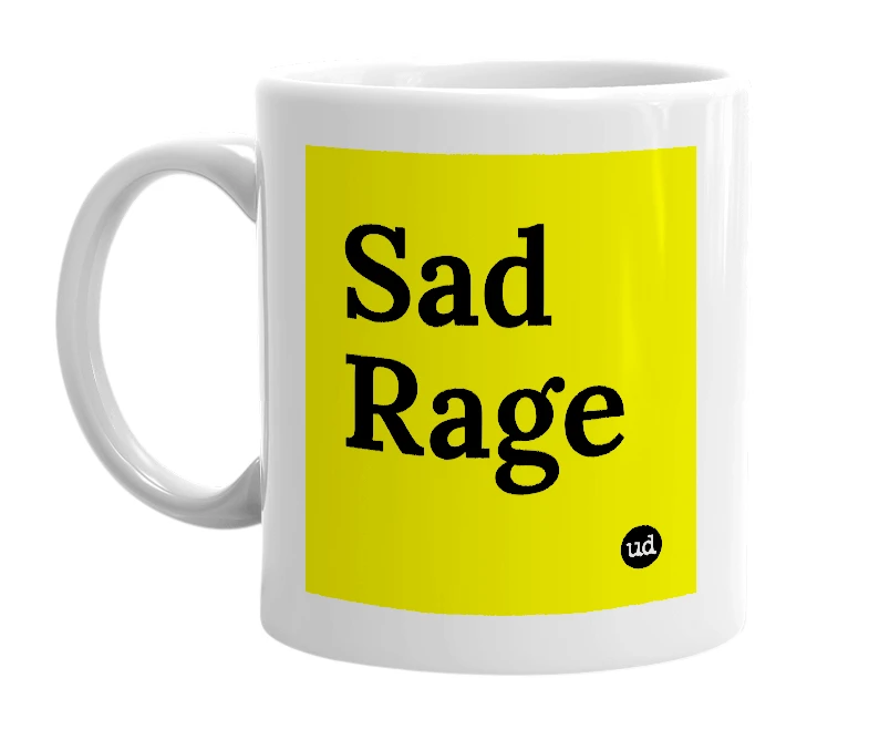 White mug with 'Sad Rage' in bold black letters