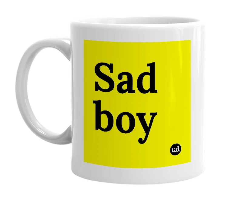 White mug with 'Sad boy' in bold black letters
