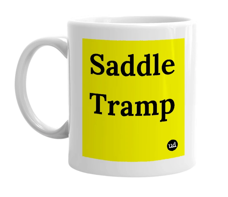 White mug with 'Saddle Tramp' in bold black letters