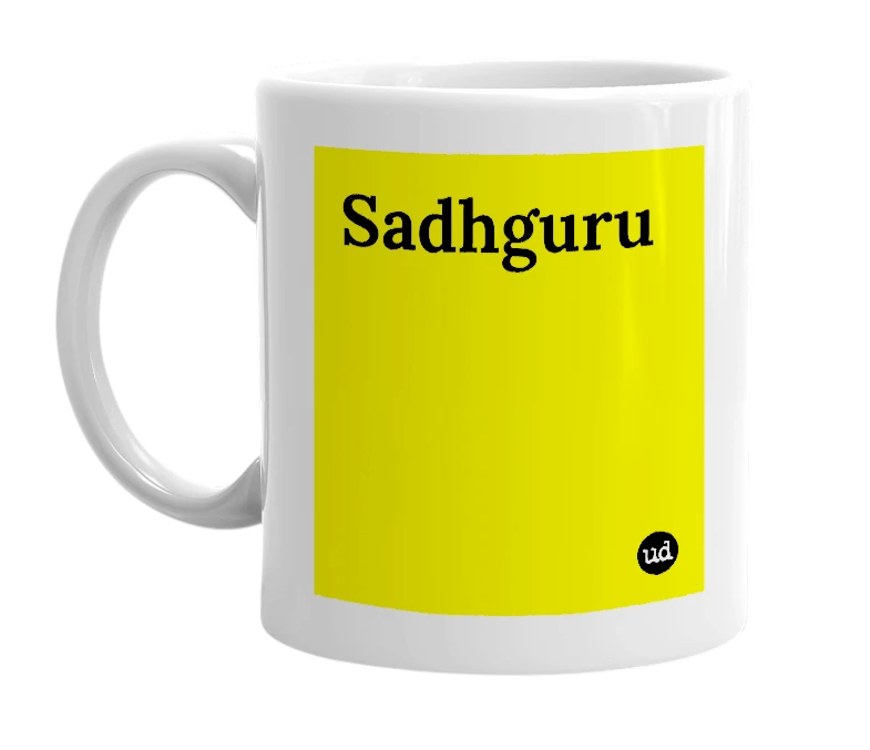 White mug with 'Sadhguru' in bold black letters