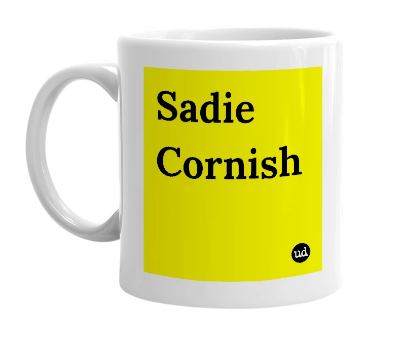White mug with 'Sadie Cornish' in bold black letters